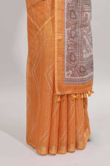 Mustard checked geometric design butta linen cotton saree with self zari border and contrast blouse