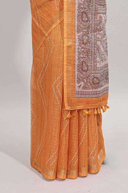 Mustard checked geometric design butta linen cotton saree with self zari border and contrast blouse