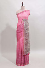 Pink checked geometric design butta linen cotton saree with self zari border and contrast blouse