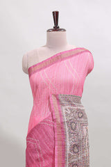 Pink checked geometric design butta linen cotton saree with self zari border and contrast blouse