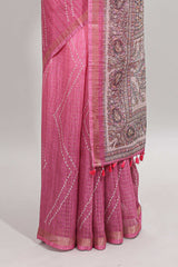 Pink checked geometric design butta linen cotton saree with self zari border and contrast blouse