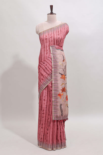 Peach striped digital print linen cotton saree with contrast border and floral design pallu
