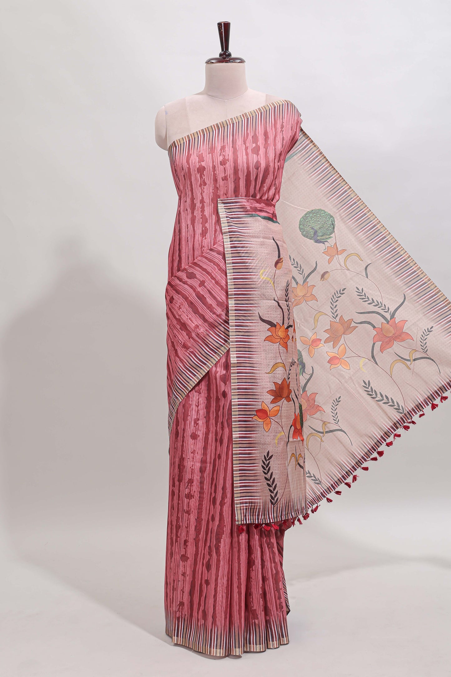 Peach striped digital print linen cotton saree with contrast border and floral design pallu
