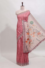 Peach striped digital print linen cotton saree with contrast border and floral design pallu