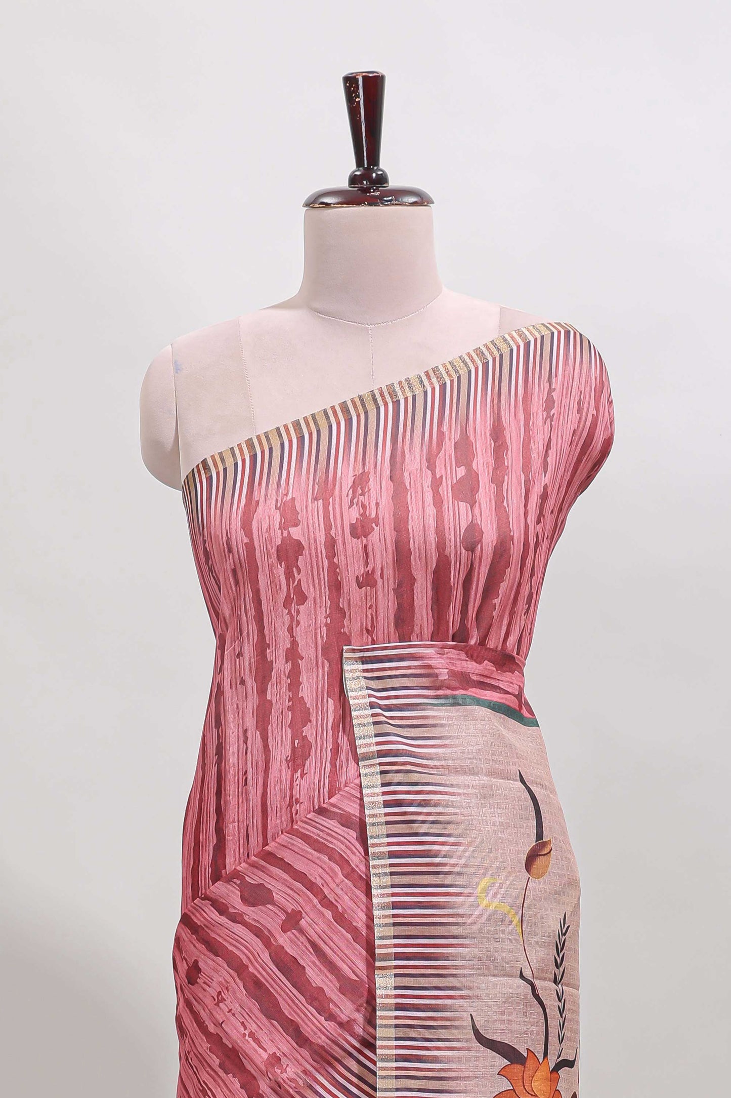 Peach striped digital print linen cotton saree with contrast border and floral design pallu