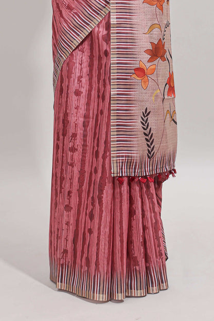 Peach striped digital print linen cotton saree with contrast border and floral design pallu