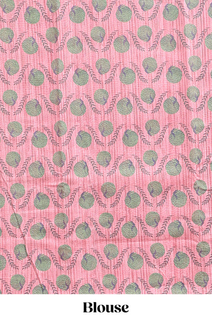 Peach striped digital print linen cotton saree with contrast border and floral design pallu