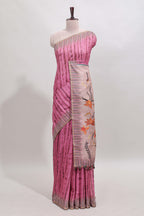 Pink striped digital print linen cotton saree with contrast border and floral design pallu