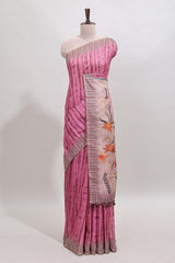 Pink striped digital print linen cotton saree with contrast border and floral design pallu