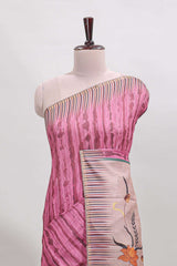 Pink striped digital print linen cotton saree with contrast border and floral design pallu