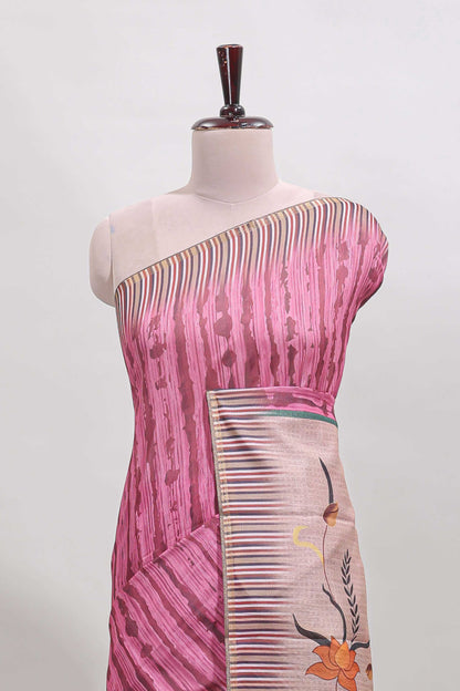 Pink striped digital print linen cotton saree with contrast border and floral design pallu