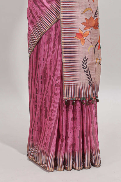 Pink striped digital print linen cotton saree with contrast border and floral design pallu