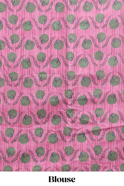 Pink striped digital print linen cotton saree with contrast border and floral design pallu