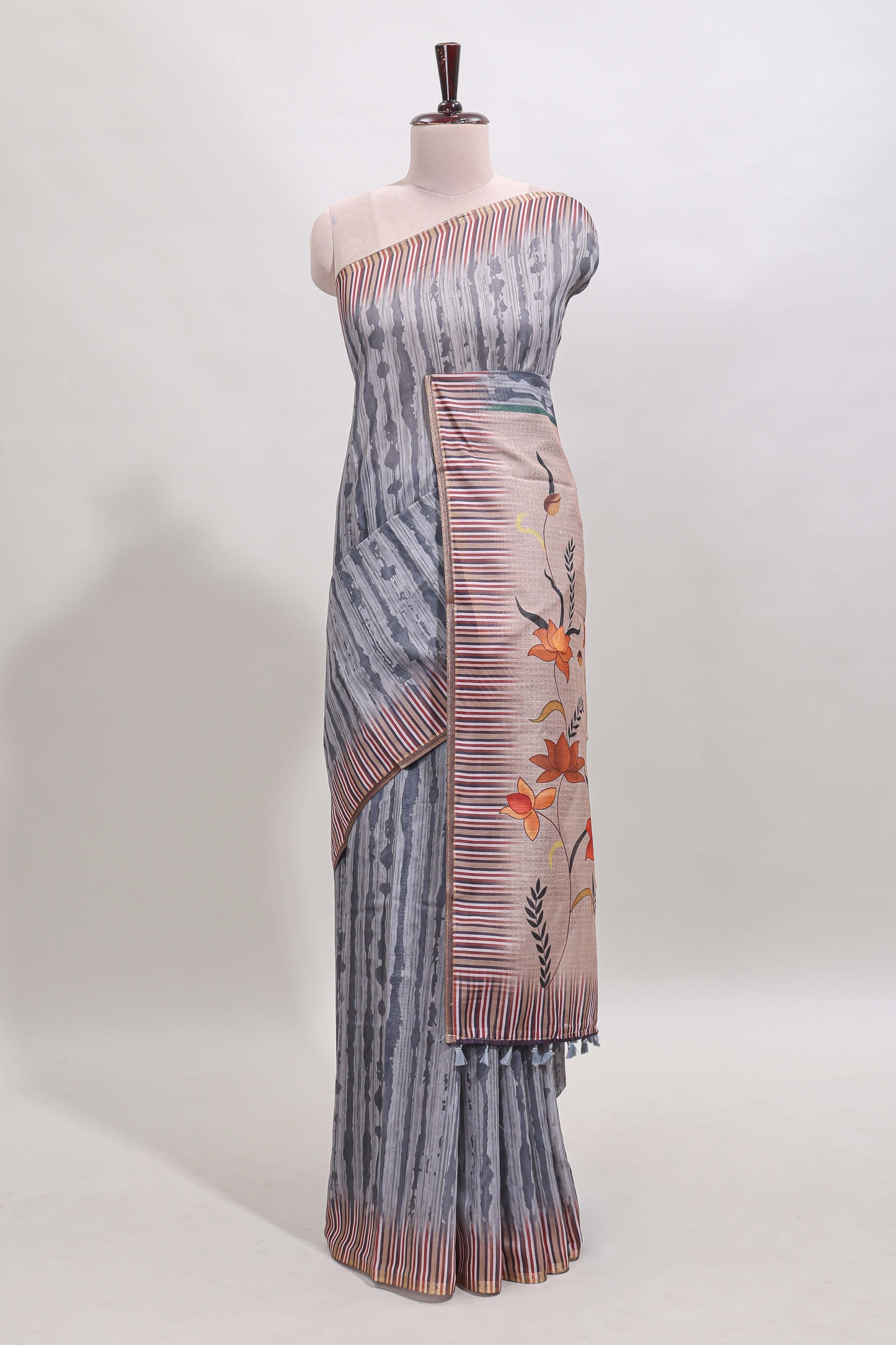 Grey striped digital print linen cotton saree with contrast border and floral design pallu