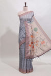 Grey striped digital print linen cotton saree with contrast border and floral design pallu