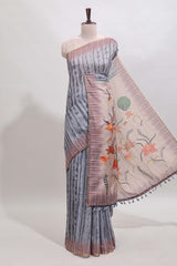 Grey striped digital print linen cotton saree with contrast border and floral design pallu