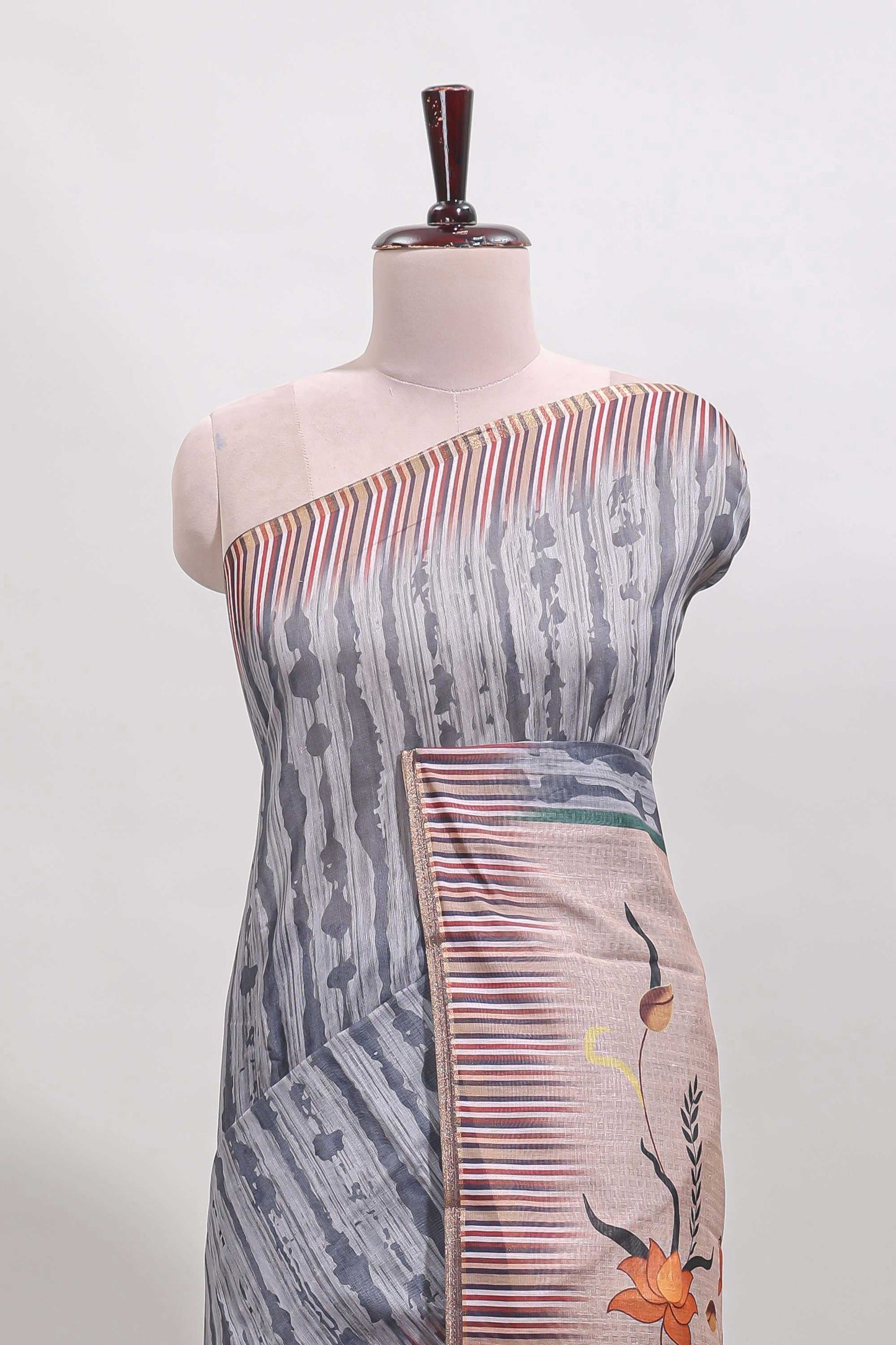 Grey striped digital print linen cotton saree with contrast border and floral design pallu