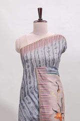 Grey striped digital print linen cotton saree with contrast border and floral design pallu