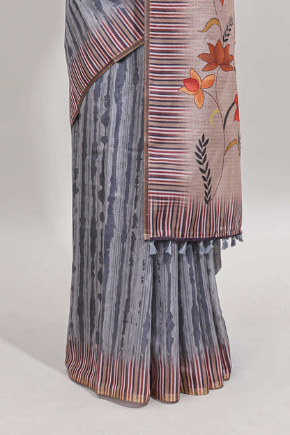 Grey striped digital print linen cotton saree with contrast border and floral design pallu