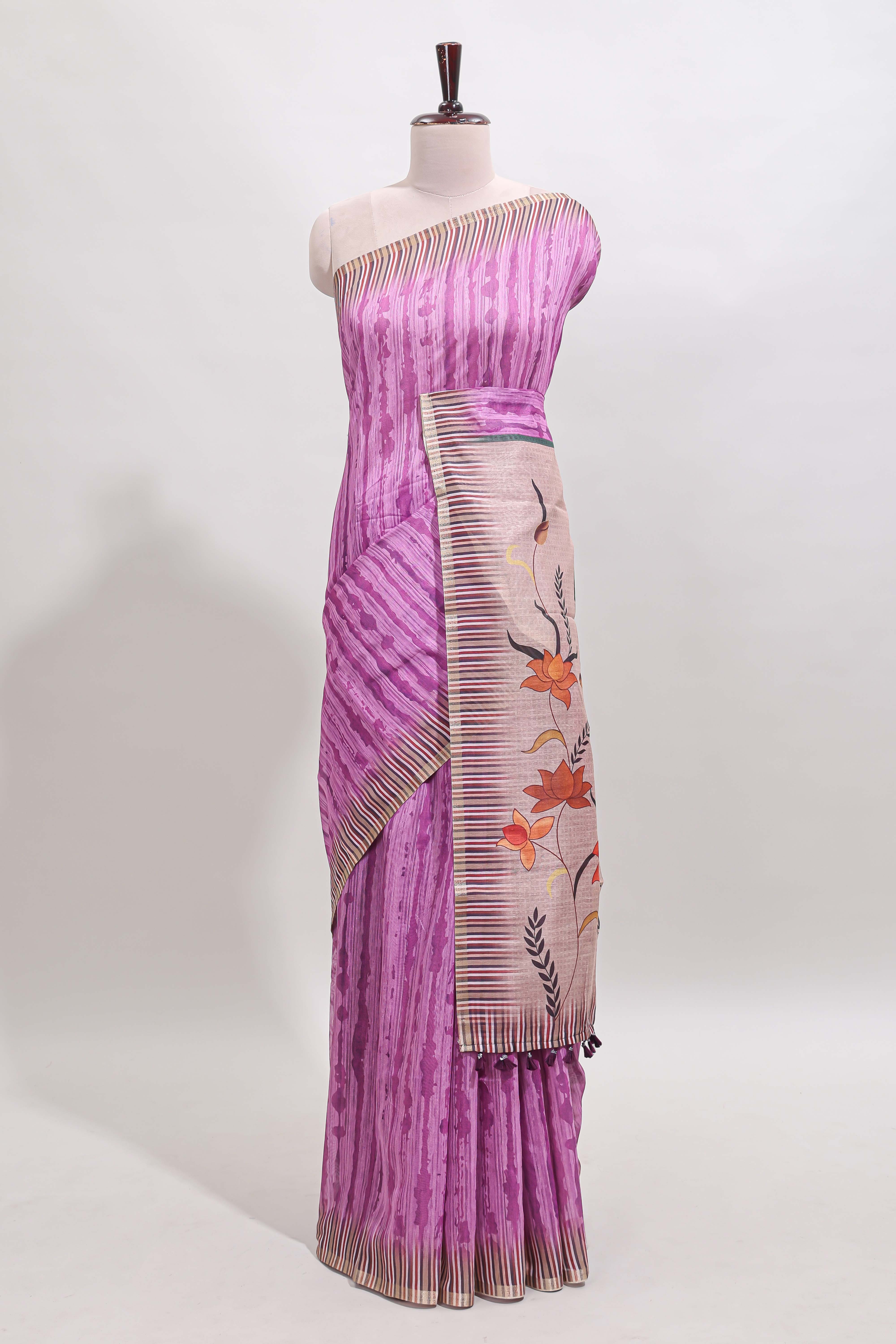 Ultra pink striped digital print linen cotton saree with contrast border and floral design pallu