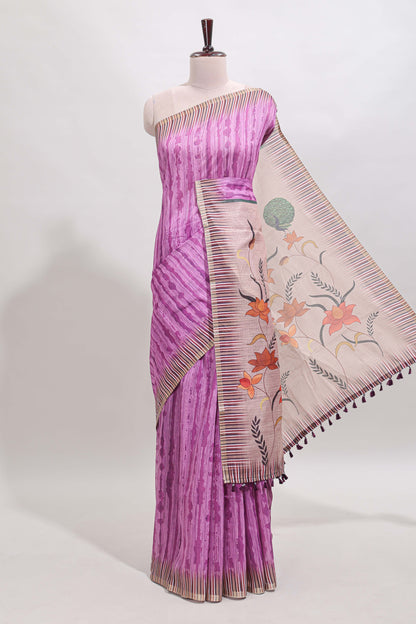 Ultra pink striped digital print linen cotton saree with contrast border and floral design pallu
