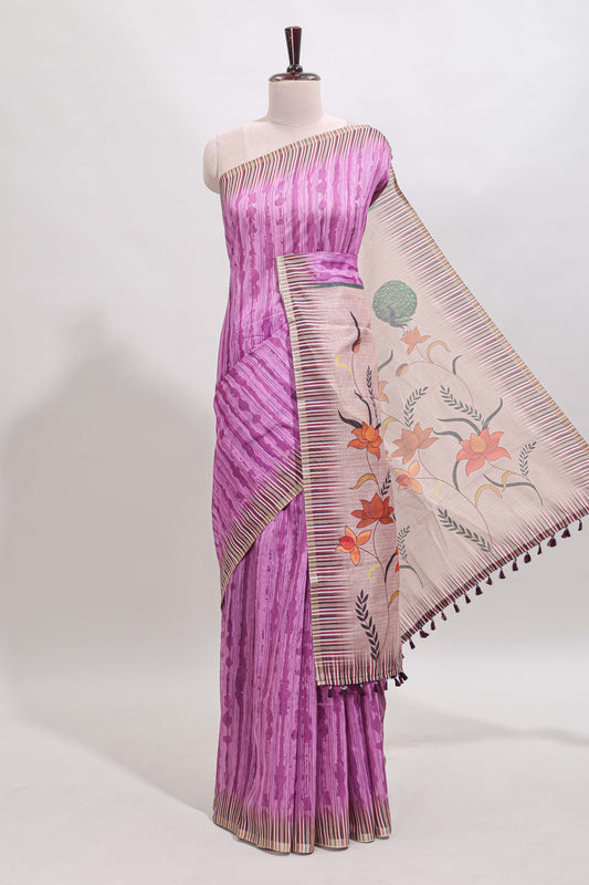 Ultra pink striped digital print linen cotton saree with contrast border and floral design pallu