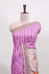 Ultra pink striped digital print linen cotton saree with contrast border and floral design pallu