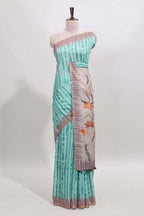 Turquoise green striped digital print linen cotton saree with contrast border and floral design pallu