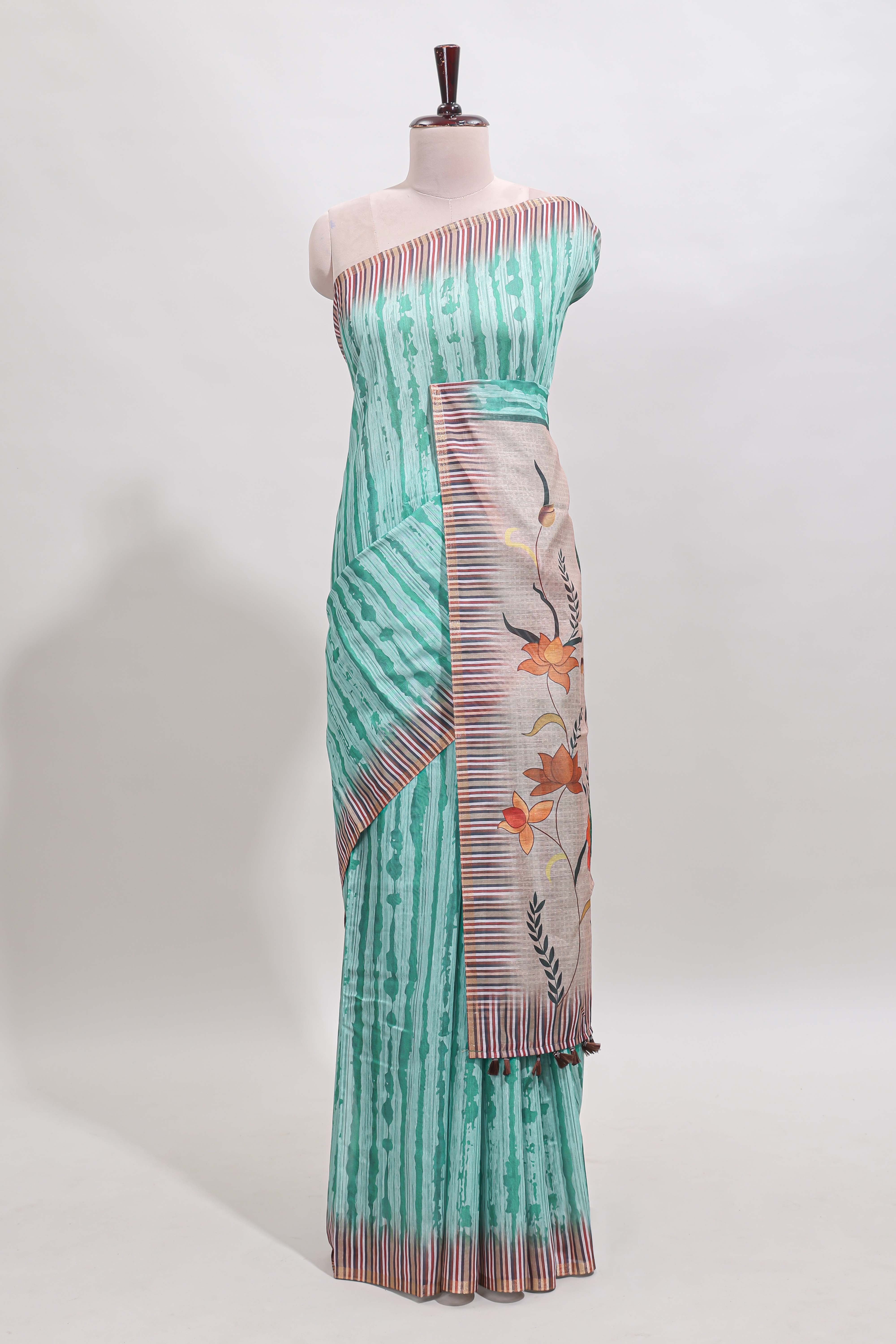 Turquoise green striped digital print linen cotton saree with contrast border and floral design pallu