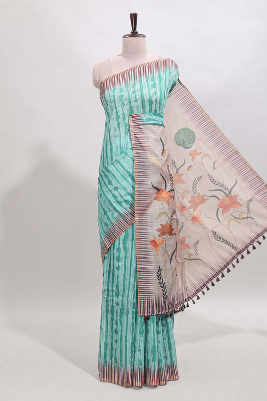 Turquoise green striped digital print linen cotton saree with contrast border and floral design pallu