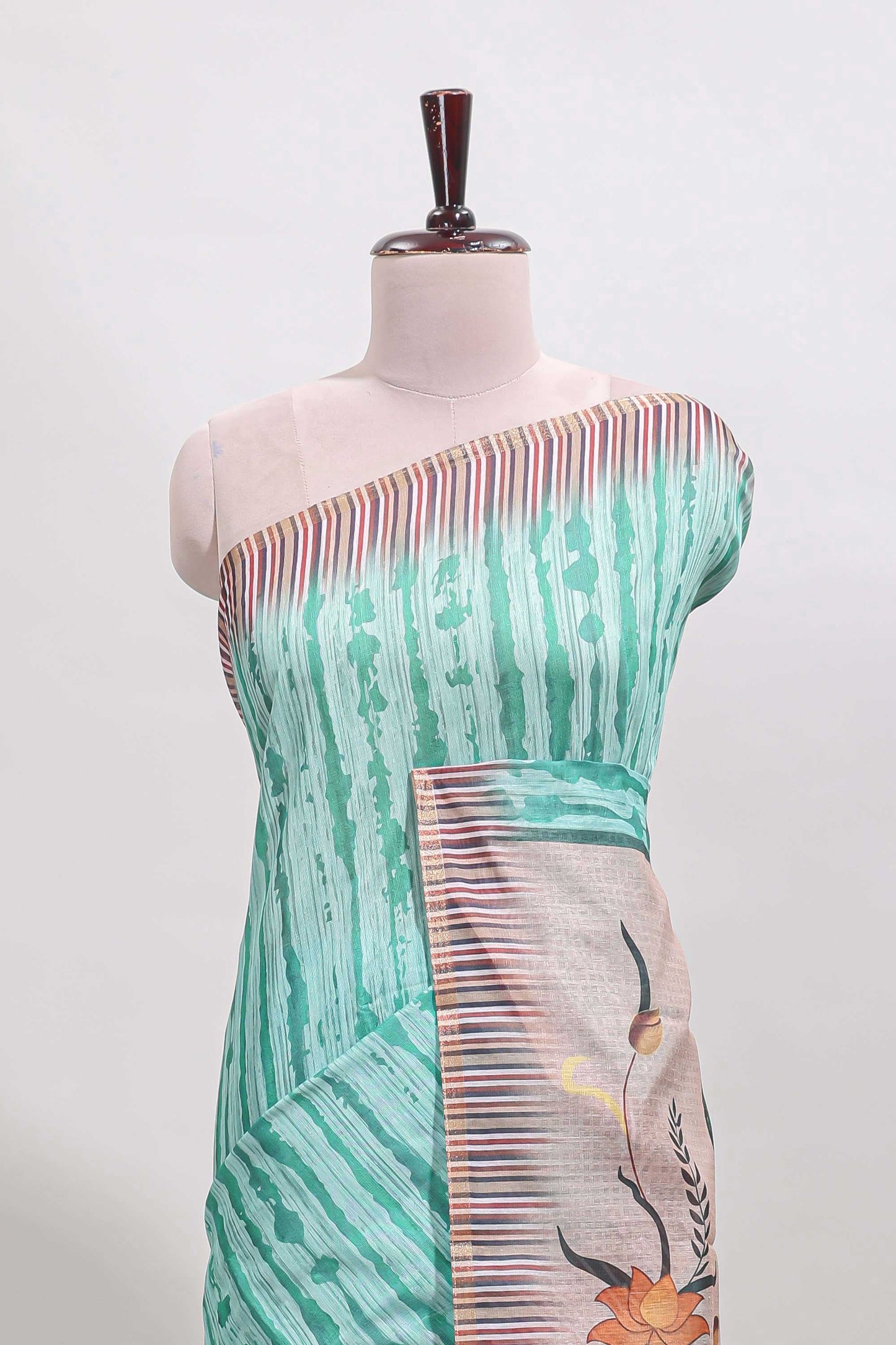 Turquoise green striped digital print linen cotton saree with contrast border and floral design pallu