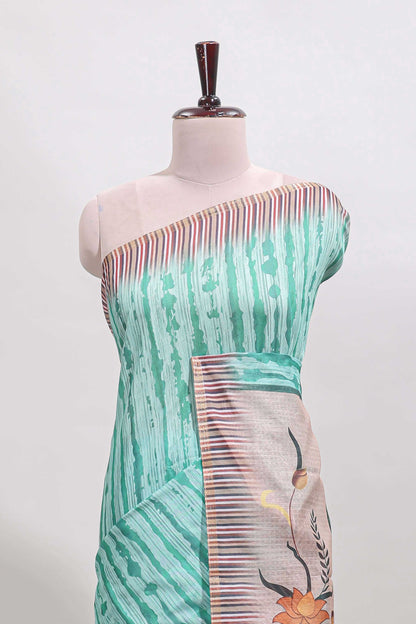 Turquoise green striped digital print linen cotton saree with contrast border and floral design pallu