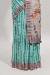 Turquoise green striped digital print linen cotton saree with contrast border and floral design pallu