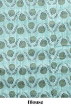 Turquoise green striped digital print linen cotton saree with contrast border and floral design pallu