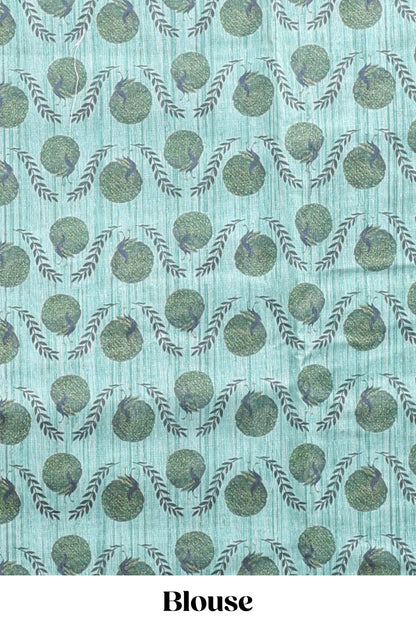 Turquoise green striped digital print linen cotton saree with contrast border and floral design pallu