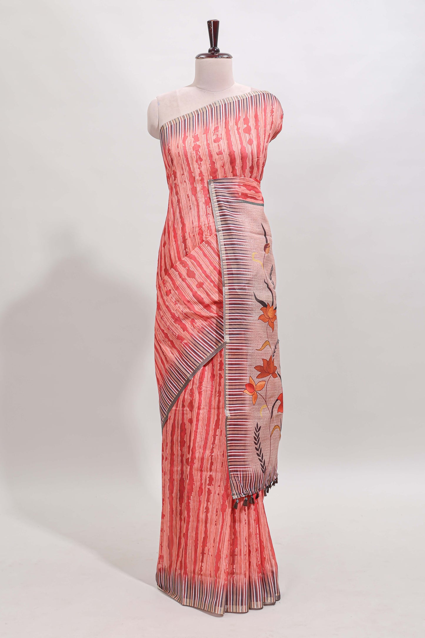 Orange striped digital print linen cotton saree with contrast border and floral design pallu