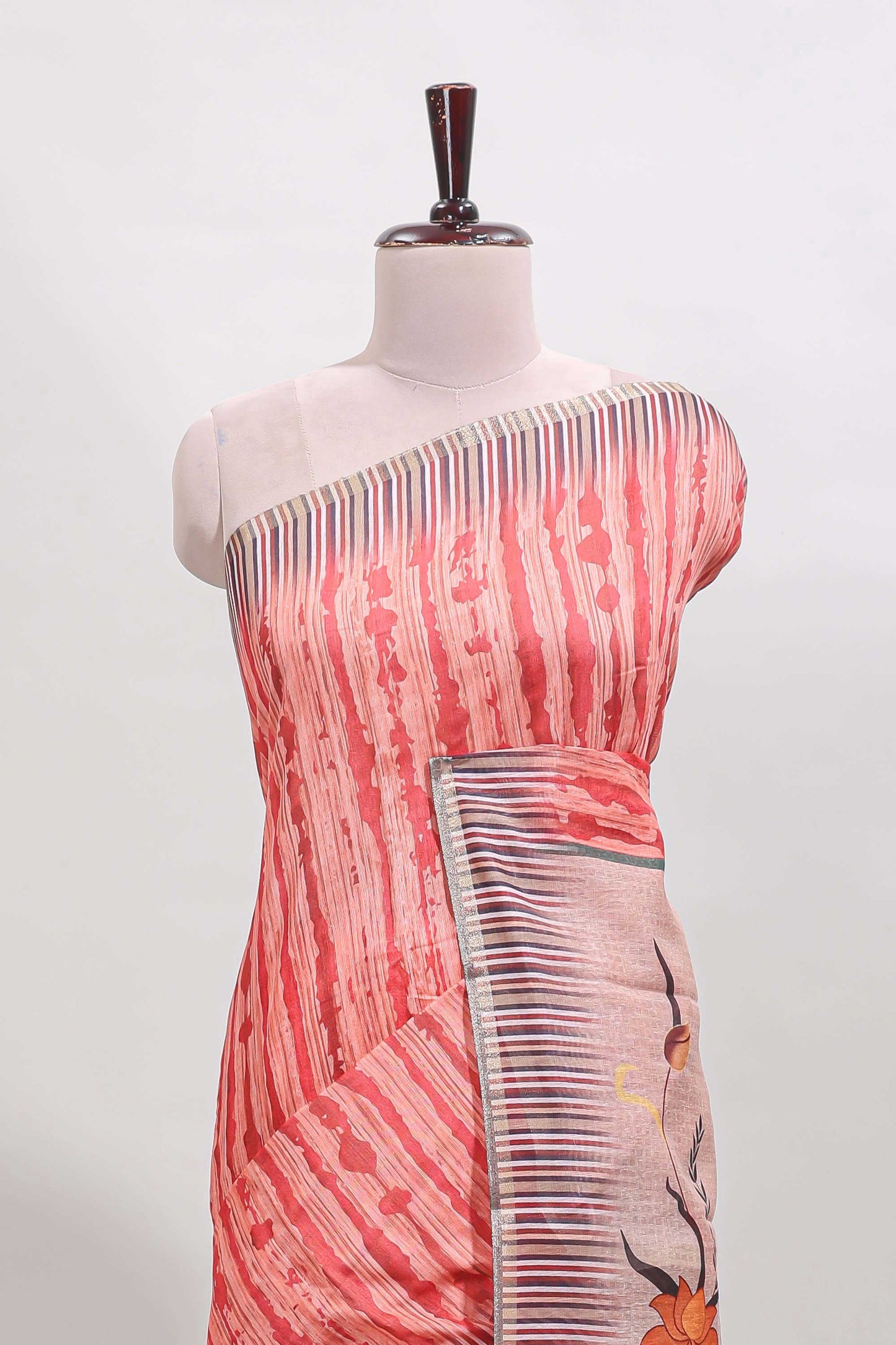 Orange striped digital print linen cotton saree with contrast border and floral design pallu
