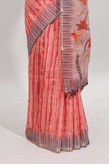 Orange striped digital print linen cotton saree with contrast border and floral design pallu