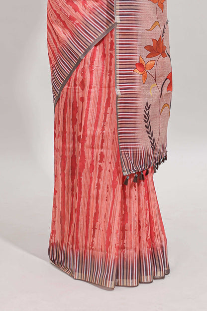 Orange striped digital print linen cotton saree with contrast border and floral design pallu