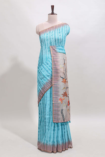Turquoise blue striped digital print linen cotton saree with contrast border and floral design pallu