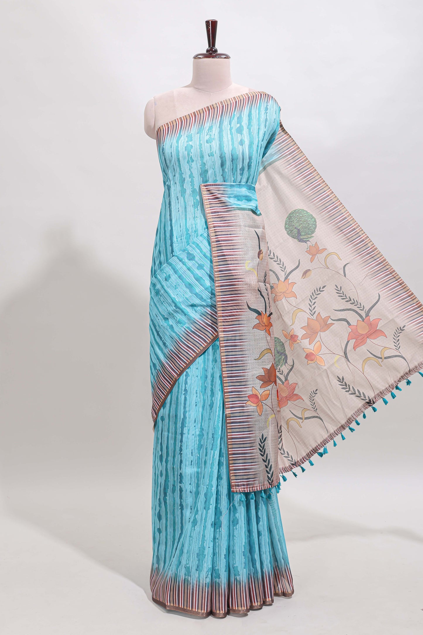 Turquoise blue striped digital print linen cotton saree with contrast border and floral design pallu