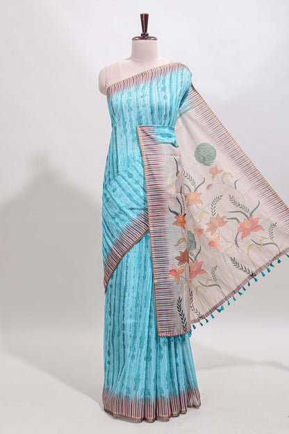 Turquoise blue striped digital print linen cotton saree with contrast border and floral design pallu