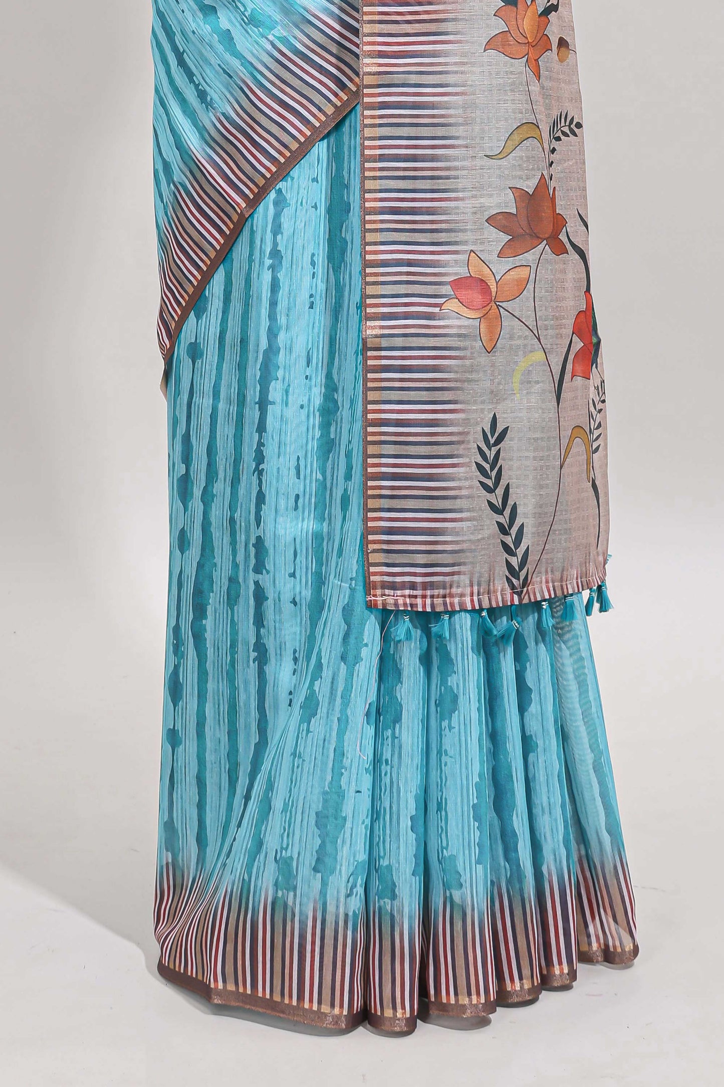 Turquoise blue striped digital print linen cotton saree with contrast border and floral design pallu