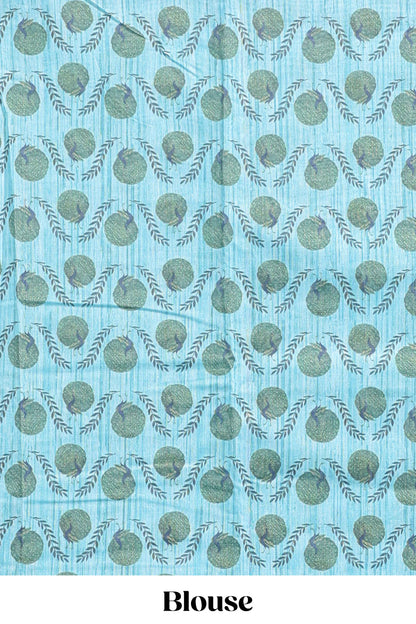 Turquoise blue striped digital print linen cotton saree with contrast border and floral design pallu