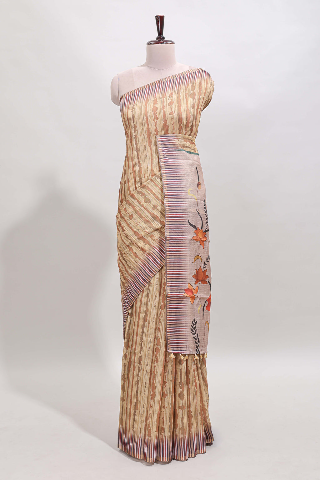 Mustard striped digital print linen cotton saree with contrast border and floral design pallu