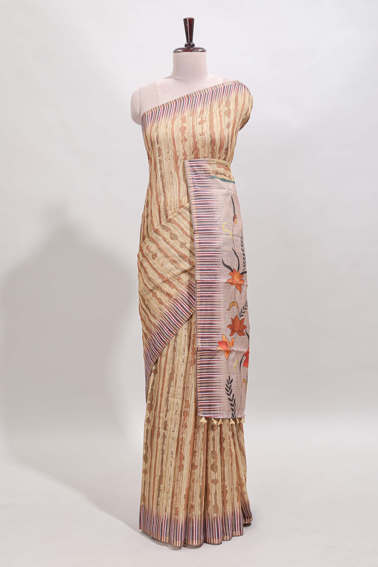 Mustard striped digital print linen cotton saree with contrast border and floral design pallu