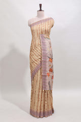 Mustard striped digital print linen cotton saree with contrast border and floral design pallu