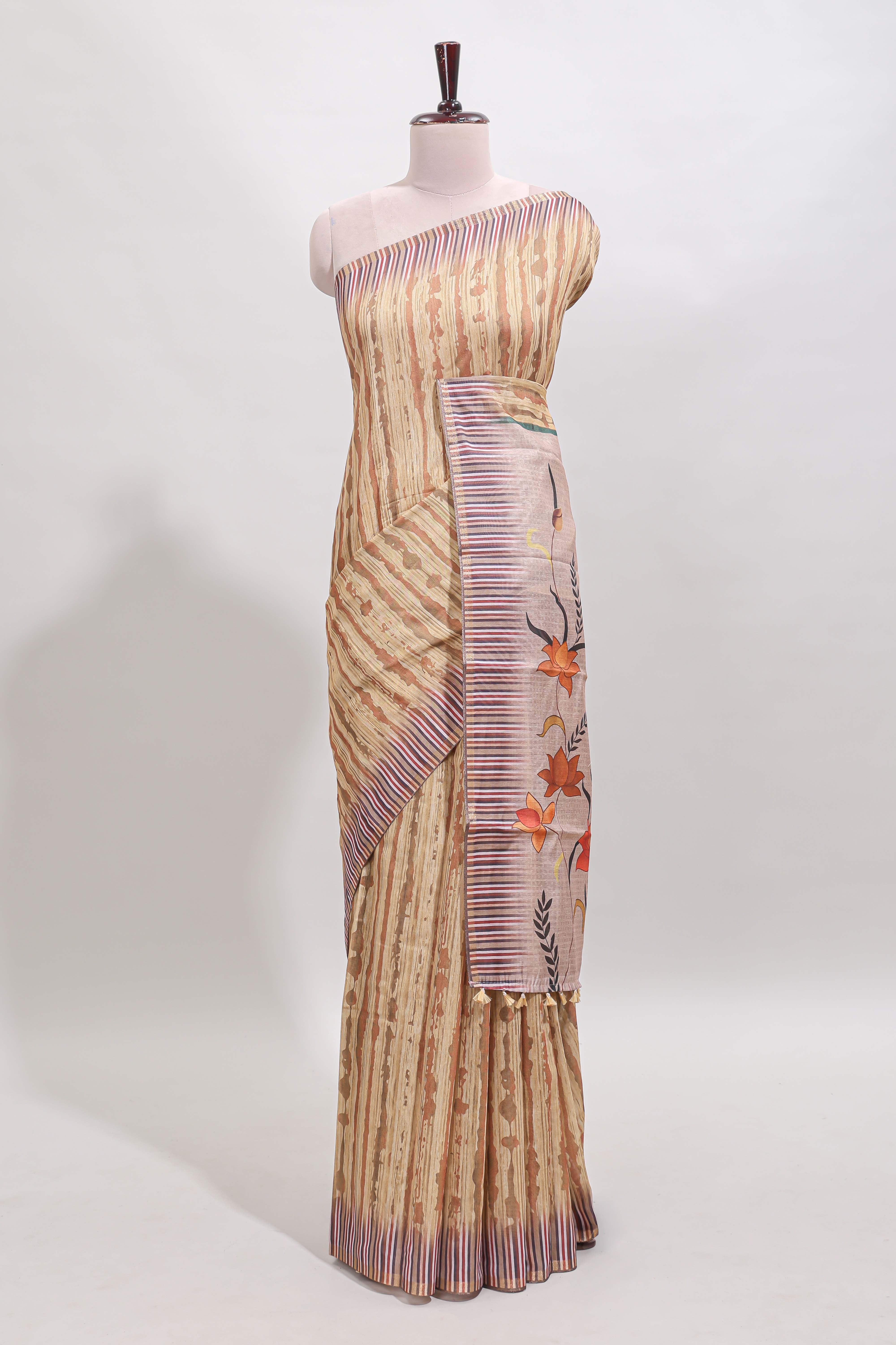 Mustard striped digital print linen cotton saree with contrast border and floral design pallu