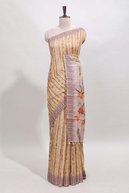 Mustard striped digital print linen cotton saree with contrast border and floral design pallu