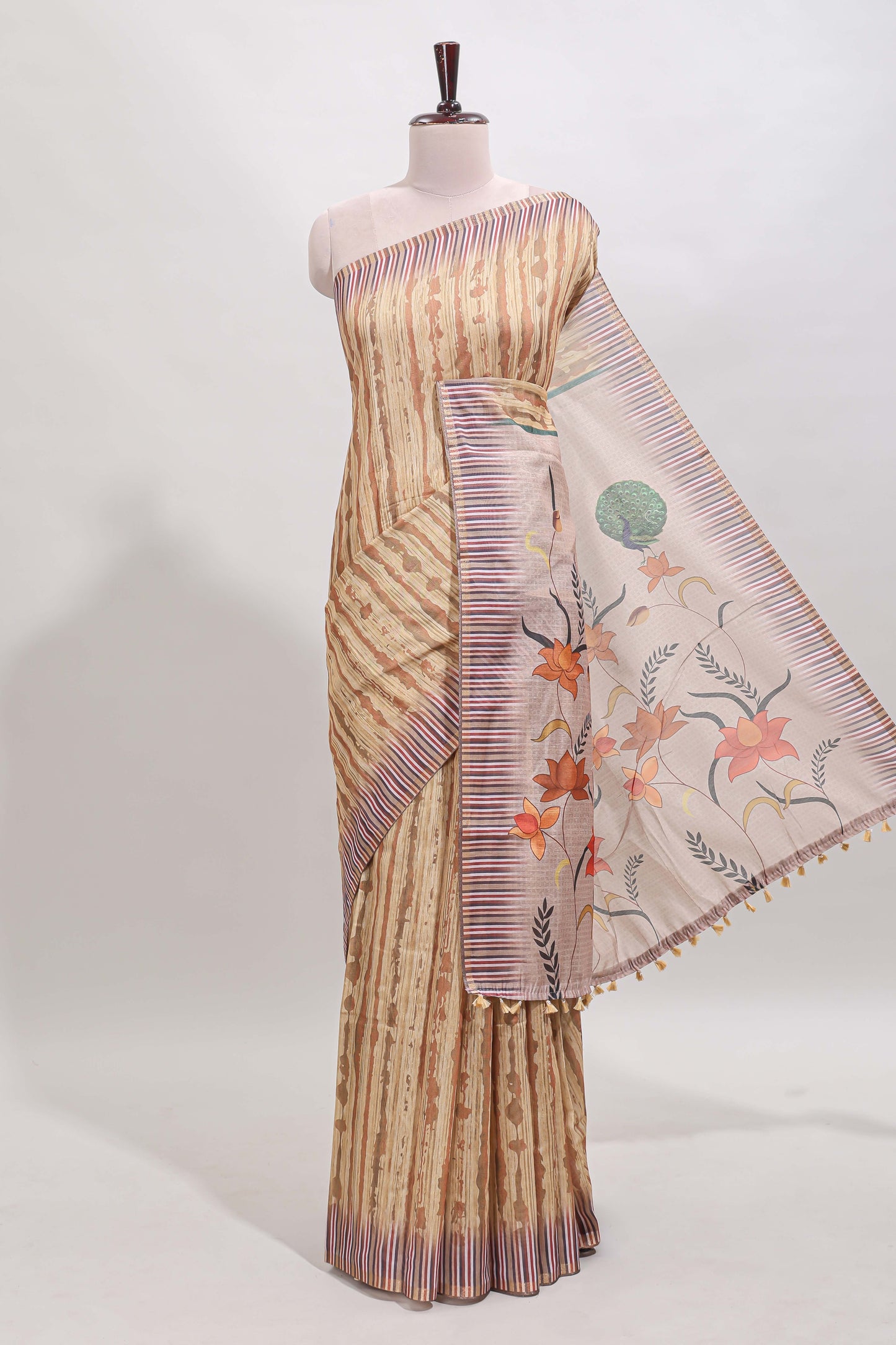 Mustard striped digital print linen cotton saree with contrast border and floral design pallu